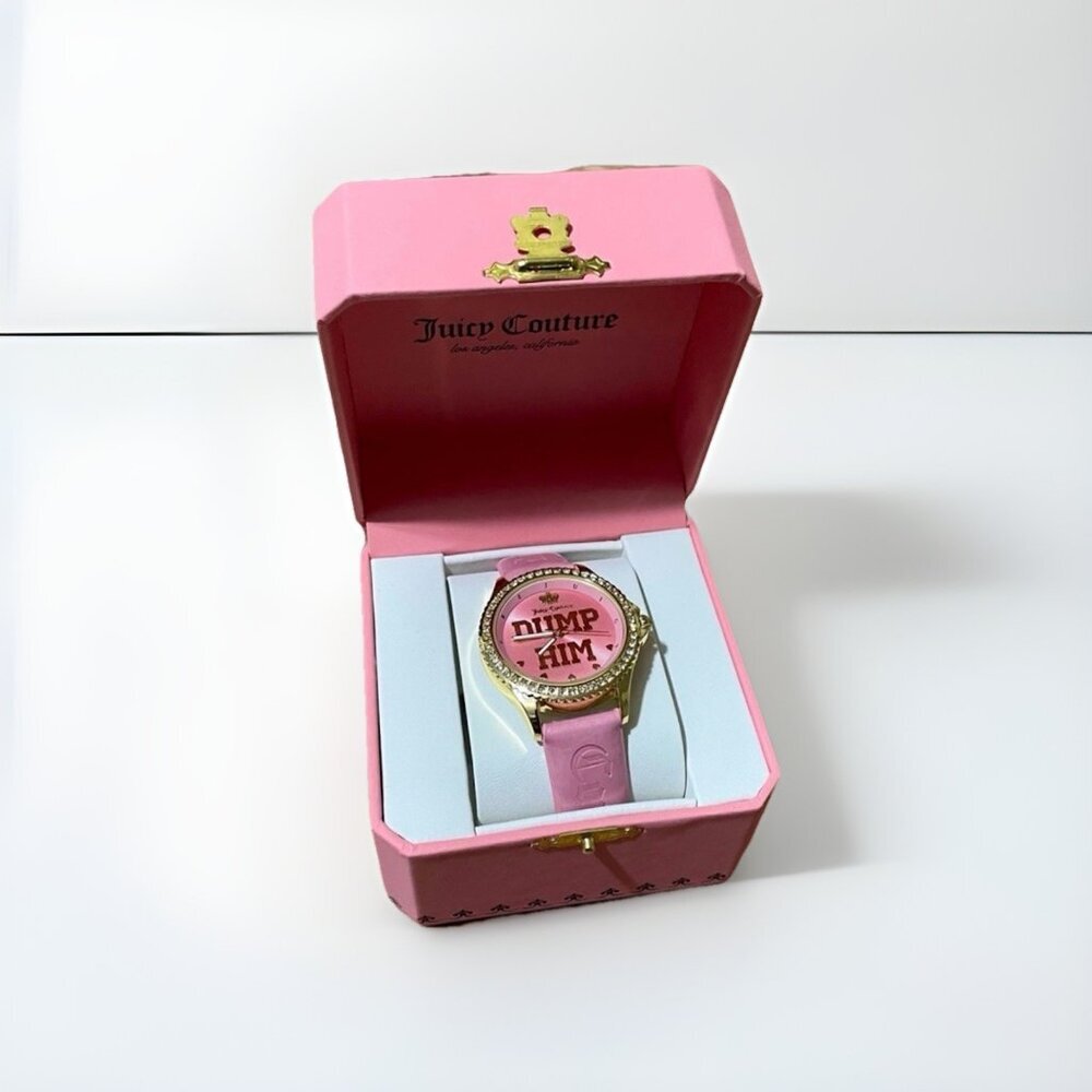 Juicy Couture Dump Him Pink Velour Band, Gold Round Crystal Pave Bezel, New